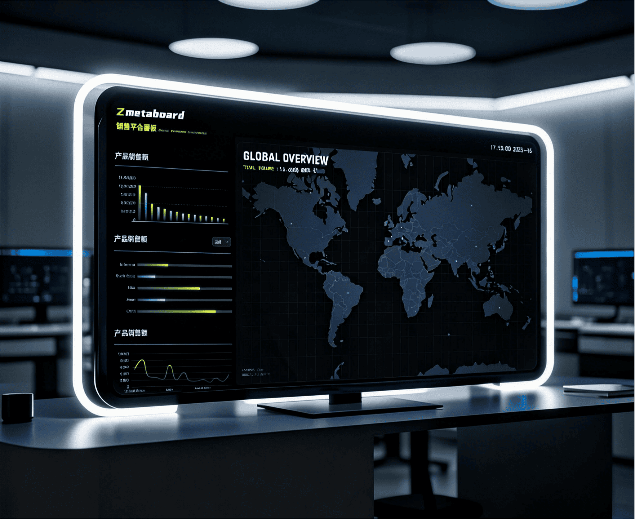 jimeng-2025-12-19-9316-将中间大屏幕的内容替换为全球概览界面，包含世界地图和左侧的产品销售数据图表.png
